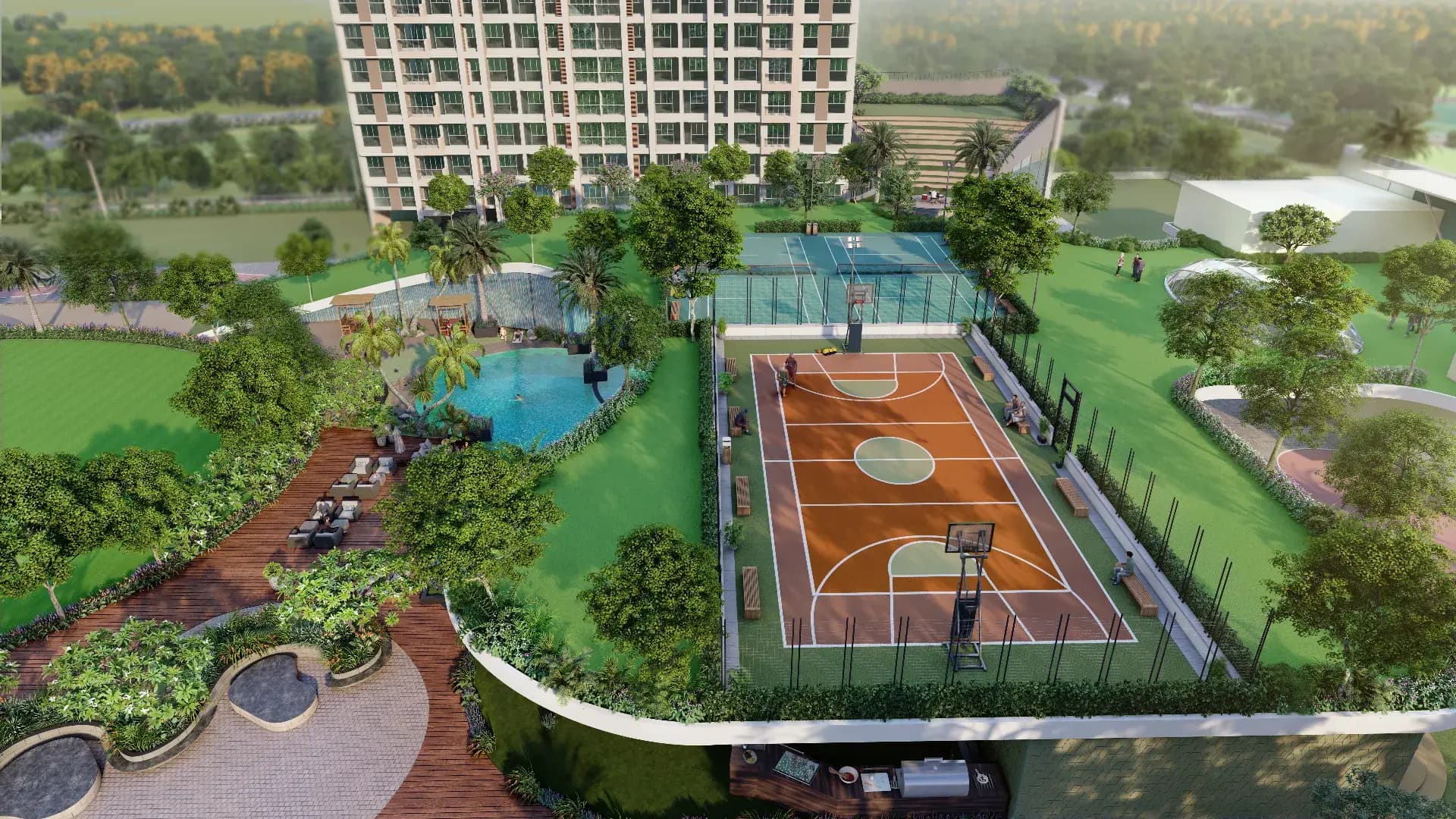 Amenity courts and landscaped deck